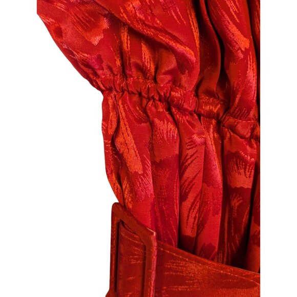 VTG 80s Retro Pleated Lace Embroider Belted Red Long Sleeve Dress 12 - Picture 5 of 7